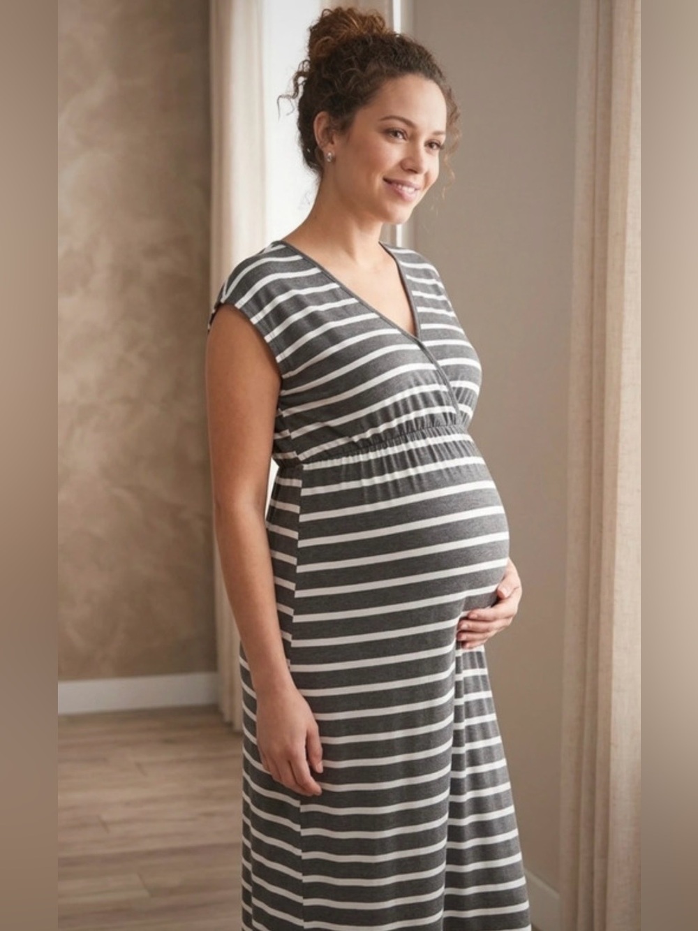 Striped Gray Maternity Maxi Dress - 2-in-1 Nursing Friendly size S